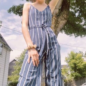 Blue and white striped jumpsuit